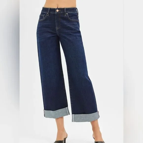 RISEN USA Mid Rise Fit Ankle Wide Leg Roll Up Women'sDark Blue Jeans sz 11 [30